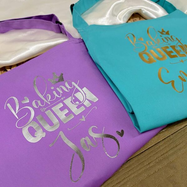 Personalised Baking Queen Aprons - Purple / Silver & Blue / Gold