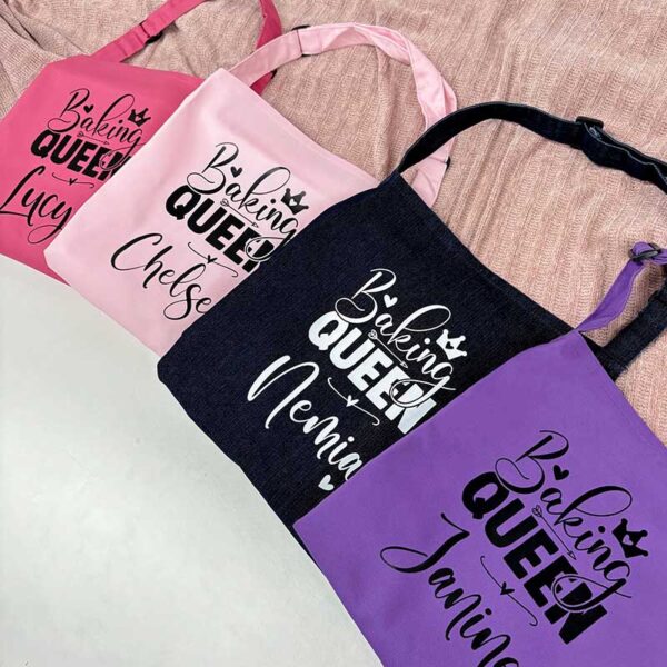 Baking Queen Apron in Purple, Blue Denim, Baby Pink and Hot Pink