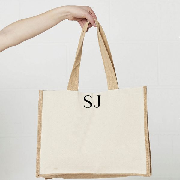 Close up of Black Initials on Personalised Jute Shopping Bag