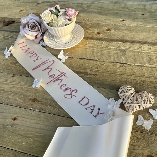 Happy Mothers Day Sash in Ivory and Pink Glitter