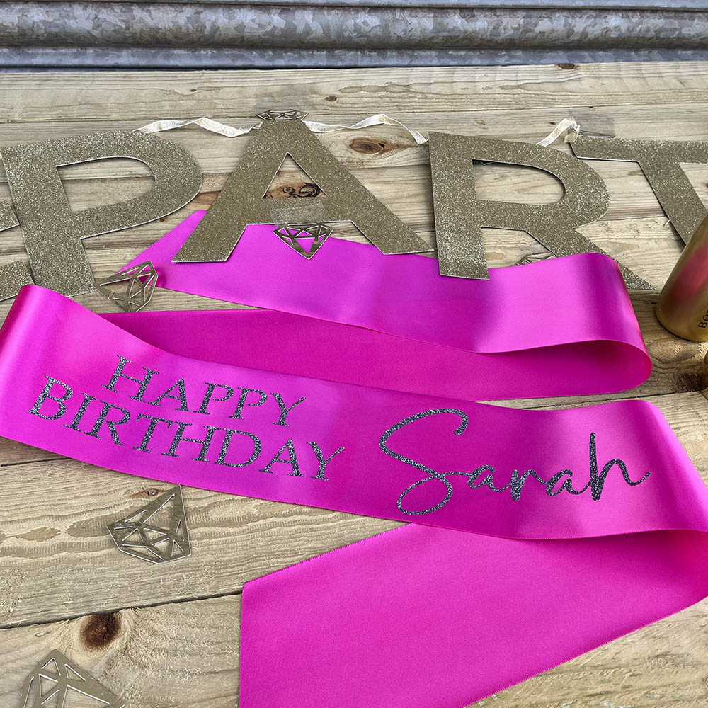 Happy Birthday Personalised Sash in Pink and Silver