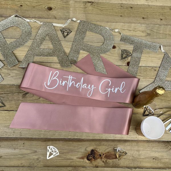 Birthday Girl Rose Gold Sash with White Glitter