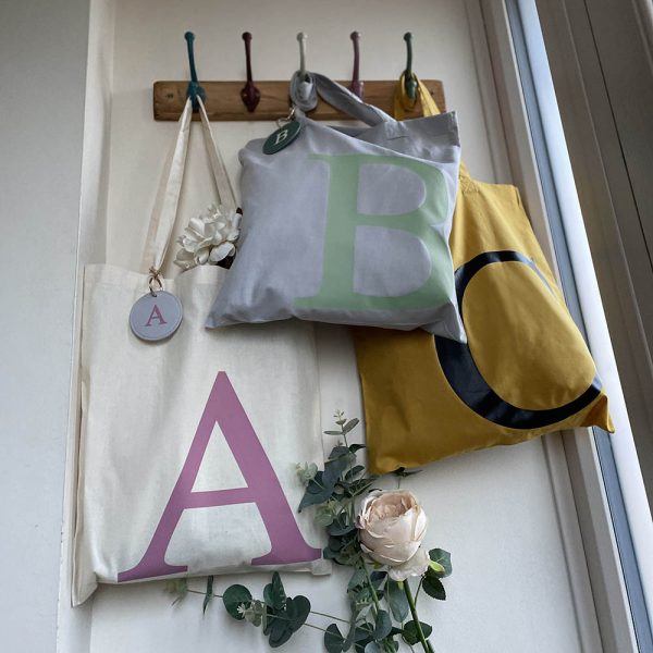 Natural, Grey and Mustard Alphabet Tote Bags with Keyrings