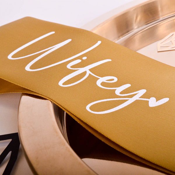 Wifey For Lifey Sash Close Up - Gold Hen Party Sash with White Glitter Font