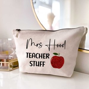Personalised Teacher Zip Bag with Glitter Apple