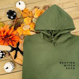 Resting Witch Face Slogan Hoodie in Earthy Green