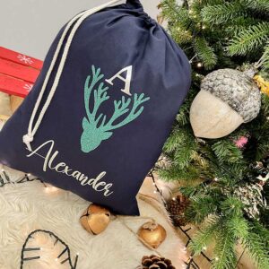 Glitter Reindeer Christmas Gift Sack in Navy and Jade