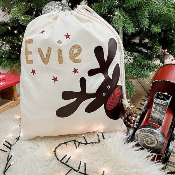 Rudolph Gift Sack - Personalised with Name in Glitter