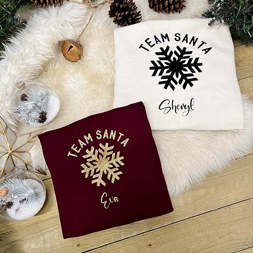 Personalised Christmas Jumper - Team Santa. Adult and Child Set in Burgundy and Vanilla