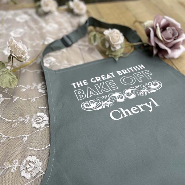 Great British Bake Off Apron with Name in Green - Close Up 2