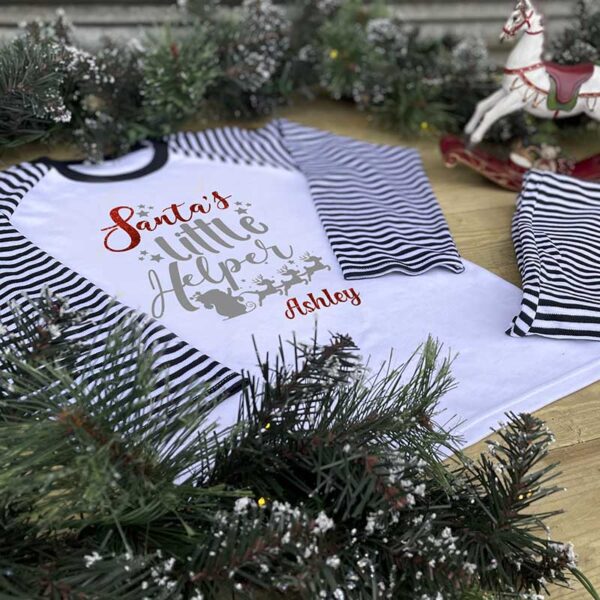 Children's Santa's Little Helper Pyjamas - Black Stripes