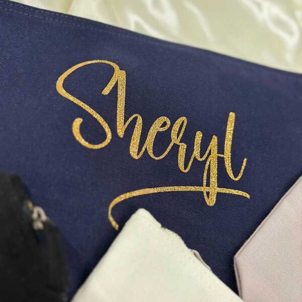 Personalised Glitter Make Up Bag with Name - Navy and Gold Close Up