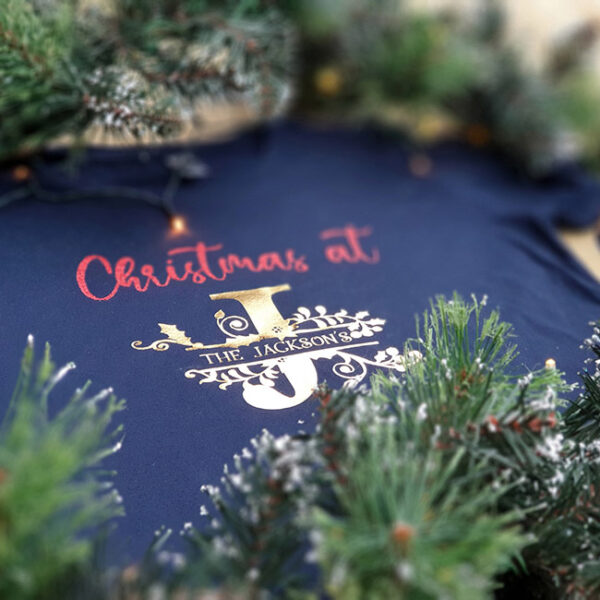 Matching Family Christmas T-Shirt - Red and Gold Close Up