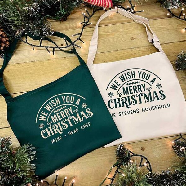 Christmas Family Apron in Green - Personalised with Family Name in Green and Natural
