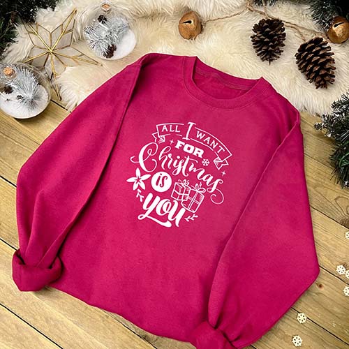Matching Couples Christmas Sweatshirt - All I Want For Christmas in Hot Pink