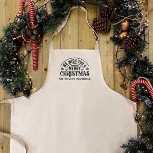 Christmas Family Apron in Green - Personalised with Family Name in Natural