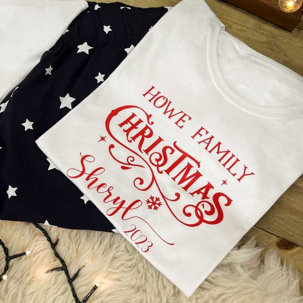 Family Christmas Pyjamas - White T-Shirt with Navy Star Trousers