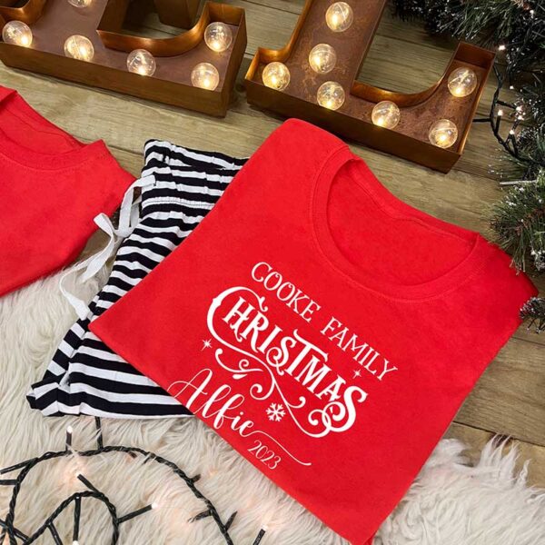 Family Christmas Pyjamas - Red T-Shirt with Navy Striped Trousers