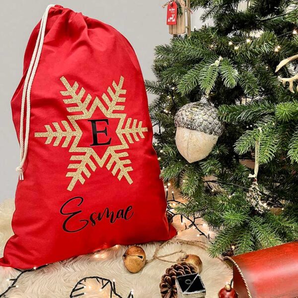 Personalised Snowflake Christmas Gift Sack - Red with Gold Glitter Snowflake