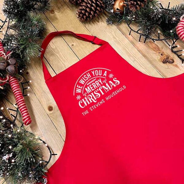 Christmas Family Apron in Green - Personalised with Family Name in Red