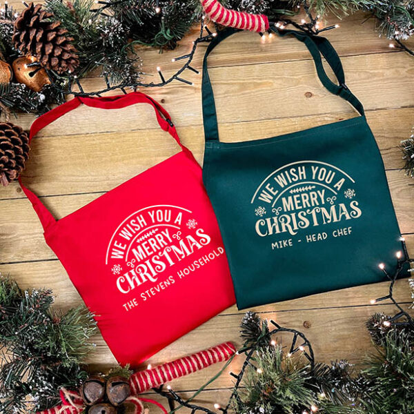 Christmas Family Apron in Green - Personalised with Family Name in Red and Green