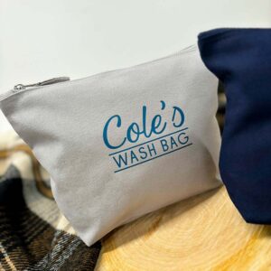 Personalised Men's Wash Bag - Grey Canvas Bag with Blue Print