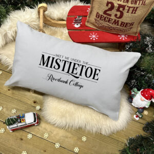 Christmas Cushion - Meet Me Under The Mistletoe in Grey and Black with Address