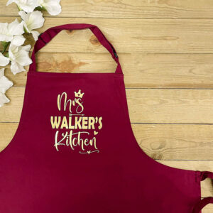 Personalised Queen Apron - Mrs Kitchen with Name in Red and Gold