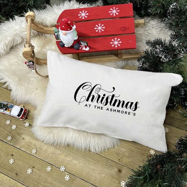 Personalised Christmas Cushion - Christmas At The in Natural and Black Rectangle