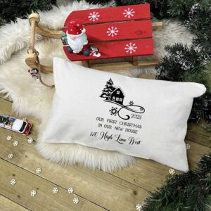 Personalised First Home Christmas Cushion in Natural and Black