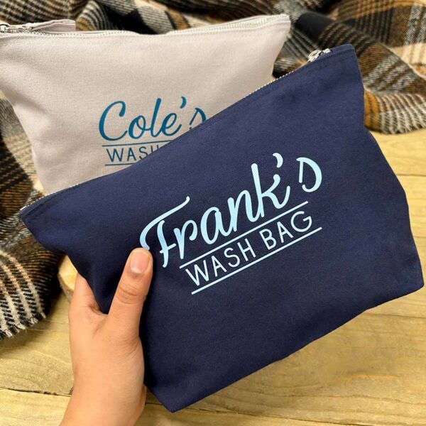 Personalised Men's Wash Bag - Navy Canvas Bag With Light Blue Print