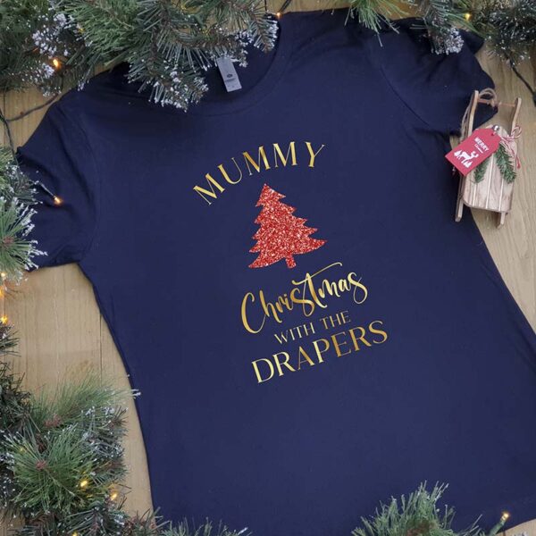 Christmas With Family T-Shirts - Navy Blue with Gold & Red Glitter