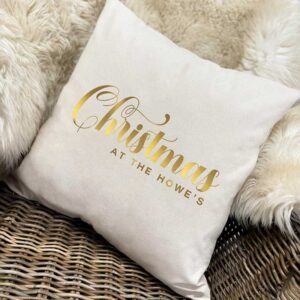 Personalised Christmas Cushion - Christmas At The in Natural and Gold Square