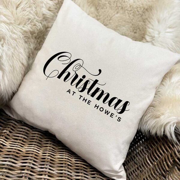Personalised Christmas Cushion - Christmas At The in Natural and Black Square