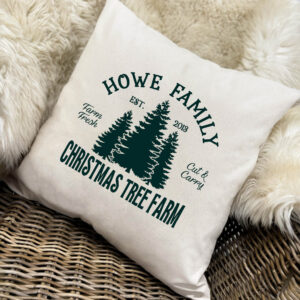 Family Christmas Cushion - Christmas Tree Farm in Natural and Green