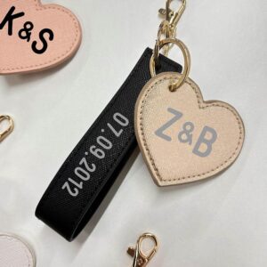 Personalised Couples Keyring Set - Heart With Initials and Wristlet With Date - Black and Rose Gold