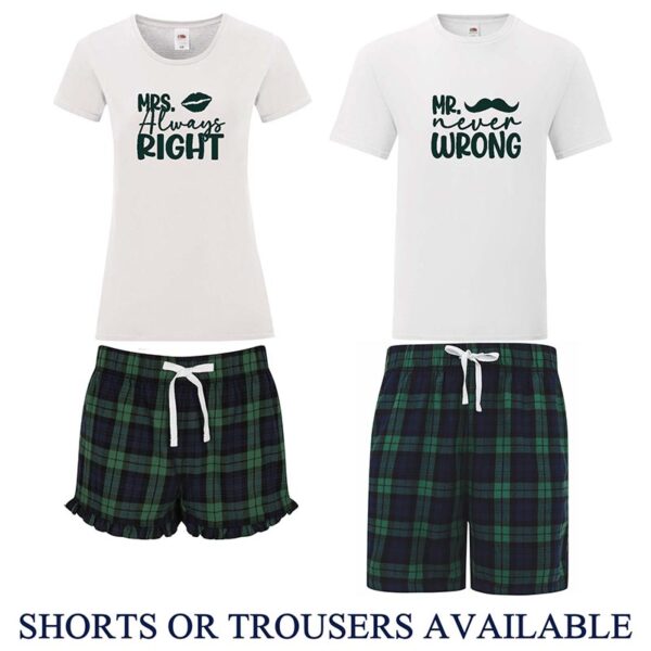 Always Right Never Wrong Couples Pyjamas in White and Green Tartan