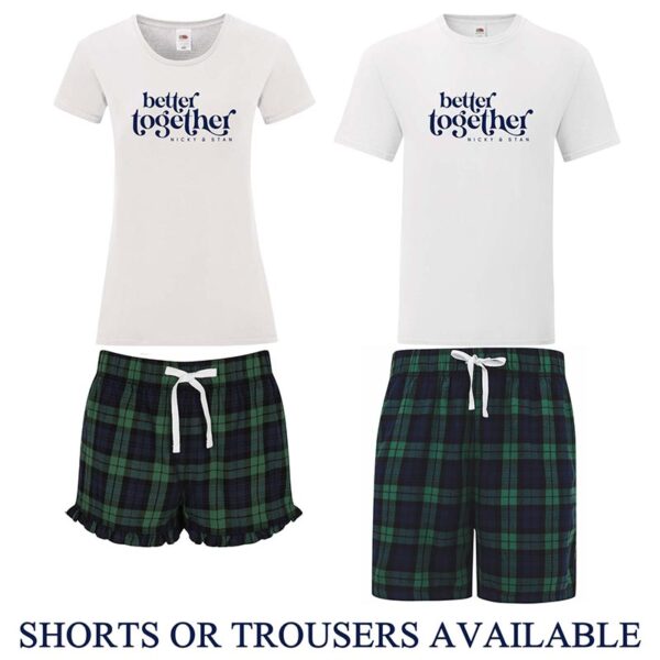 Couples Pyjamas - Better Together With Custom Name - White and Green Tartan