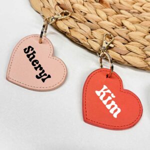 Retro Heart Keyring With Name in Soft Pink and Coral