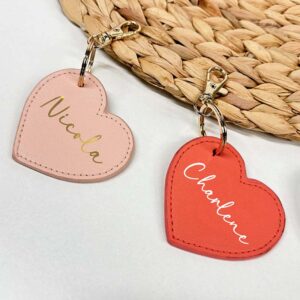Personalised Heart Keyring Printed With Your Own Name - Soft Pink and Coral