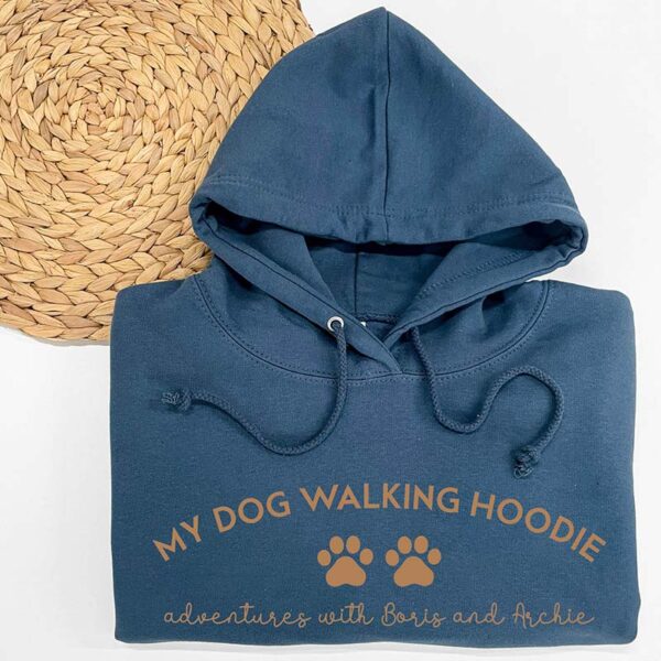 My Dog Walking Hoodie - Personalised With Your Dogs Name - Airforce Blue and Coffee
