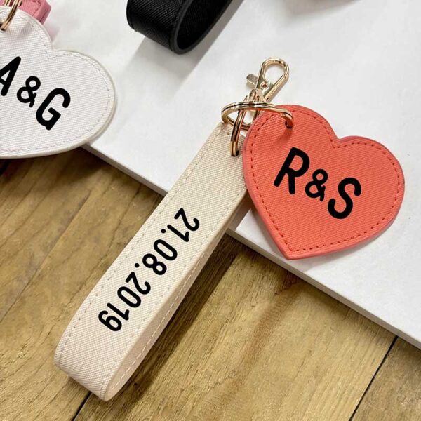 Personalised Couples Keyring Set - Heart With Initials and Wristlet With Date - Coral and Oyster