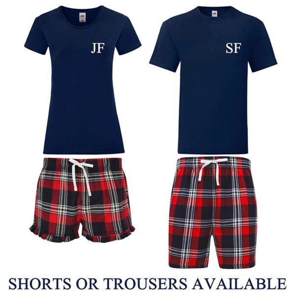 Couples Initials Pyjamas - Red Tartan and Navy T-Shirt Set