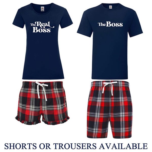 Couples Pyjama Set - The Boss and The Real Boss Red Tartan With Navy Top Set
