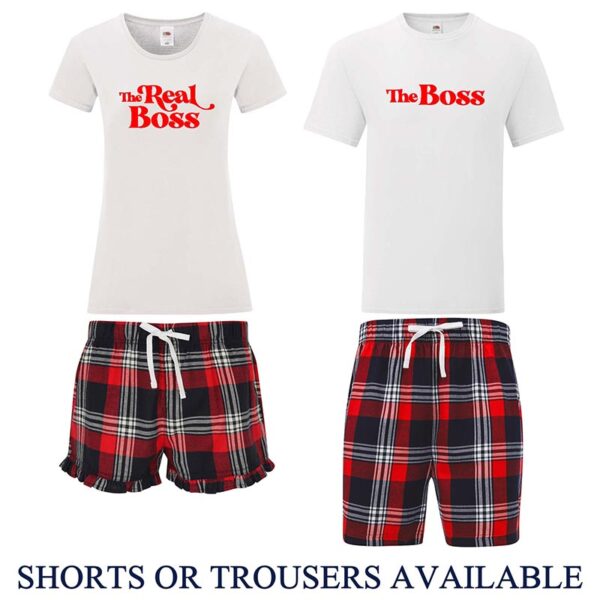 Couples Pyjama Set - The Boss and The Real Boss Red Tartan With White Top Set