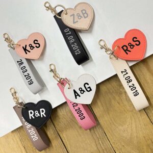 Personalised Couples Keyring Set - Heart With Initials and Wristlet With Date