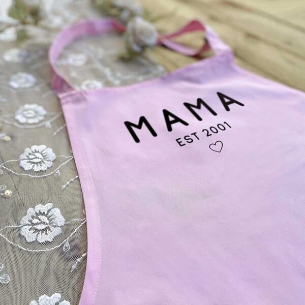 Personalised Mama Apron With Date in Baby Pink and Black
