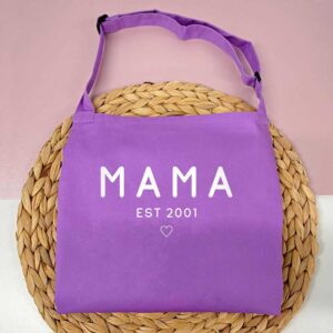 Personalised Mama Apron With Date in Rich Violet and White