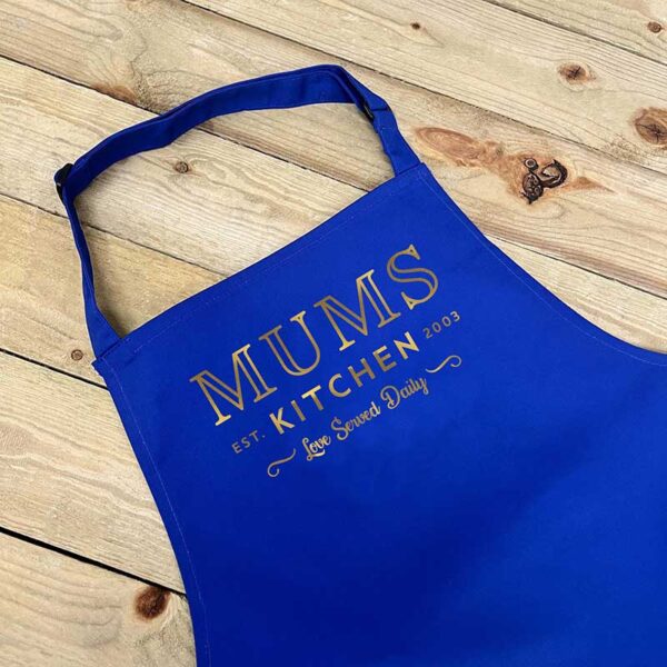 Personalised Mum Apron - Mum's Kitchen in Royal Blue and Metallic Gold