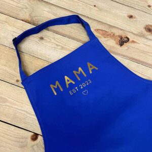 Personalised Mama Apron With Date in Royal Blue and Gold